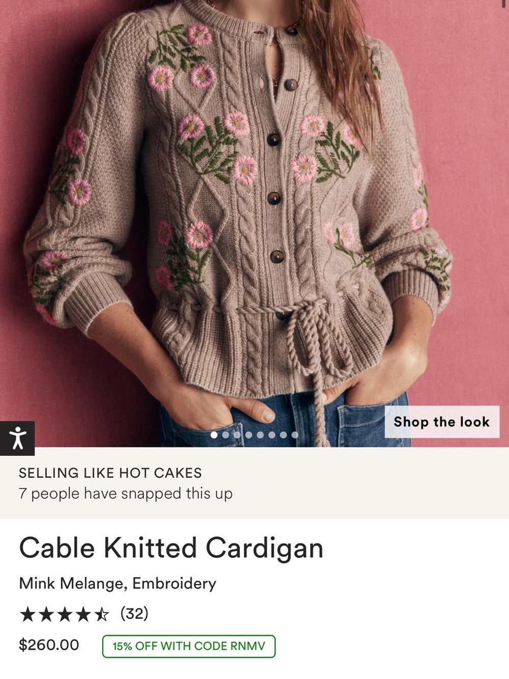 Boden Cable-Knit Embroidered Cardigan in Mink with Pink Floral Accents